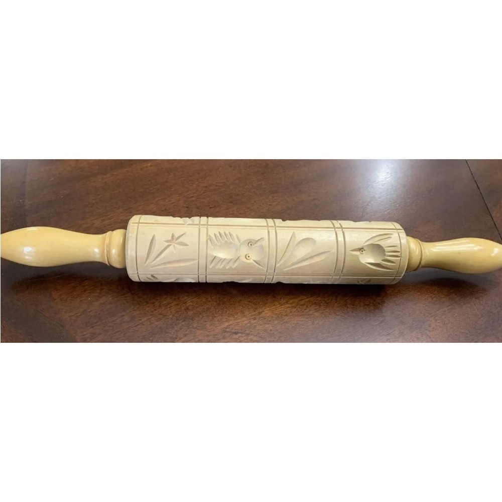 Vtg Embossing Wooden Carved Birds Nature Cookie Pie Mold Baking Rolling Pin USA